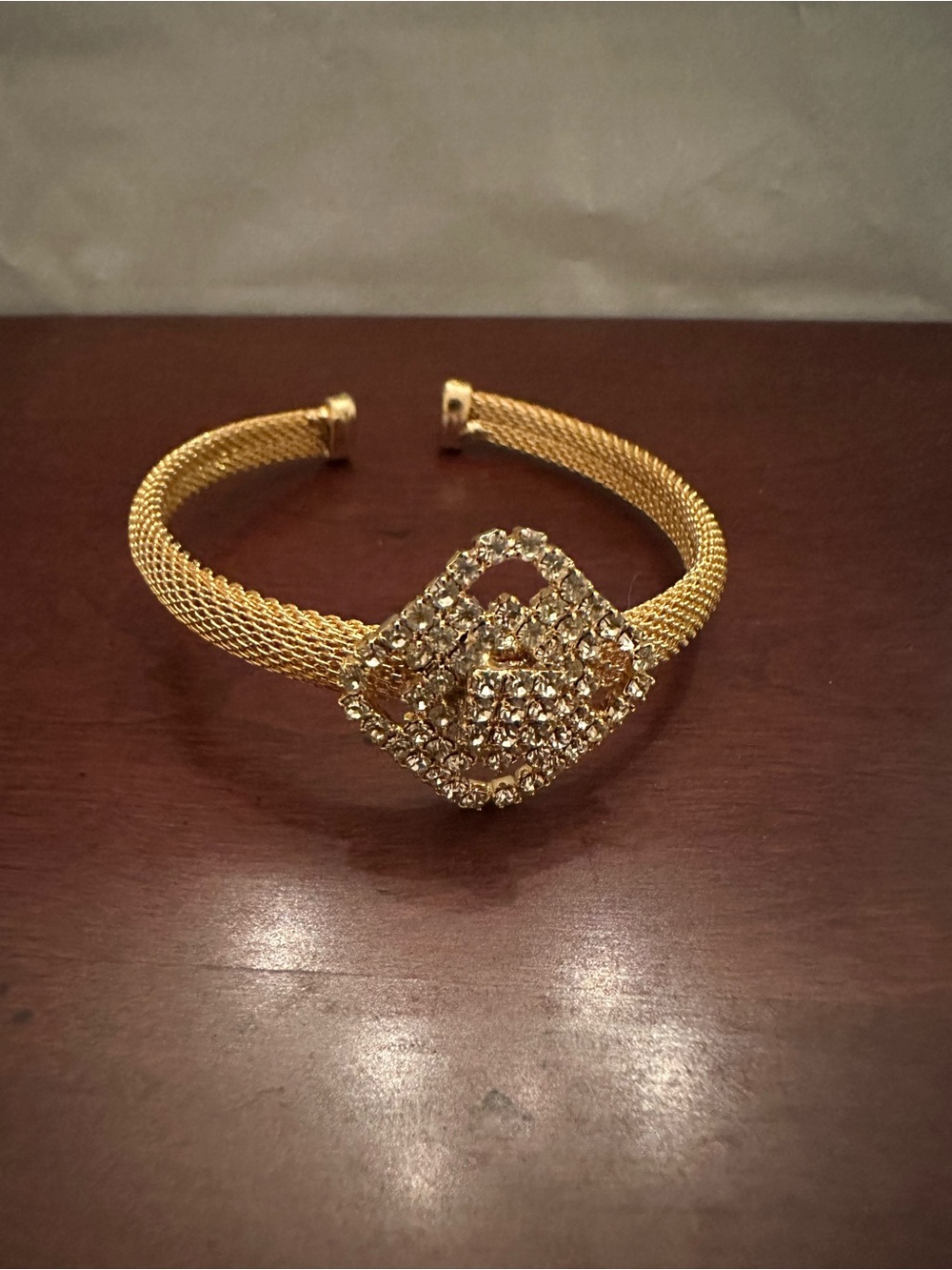 Gold Crystal Mesh Cuff Bracelet with Square Crystal Cluster